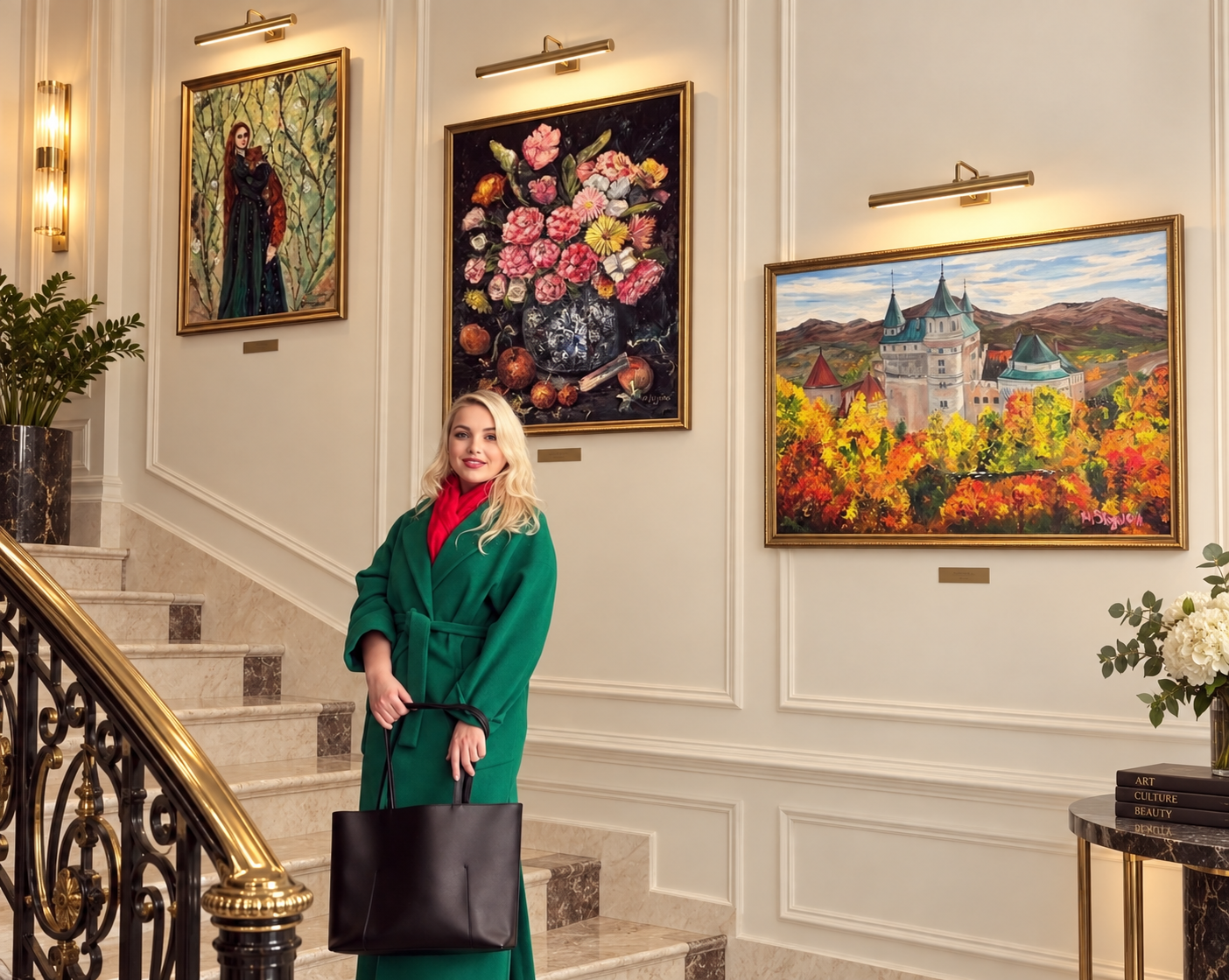 Visualisation of the painting Slovak Castle by Marina Stognieva in a frame and interior